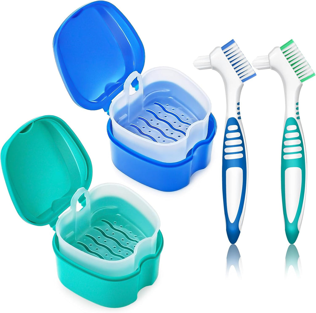 2 Pack Denture Bath Case Cup with Lid and Strainer Basket, Retainer Cleaner Case Dental False Teeth Container with 2 Travel Brushes, Lake Green and Dark Blue