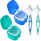 2 Pack Denture Bath Case Cup with Lid and Strainer Basket, Retainer Cleaner Case Dental False Teeth Container with 2 Travel Brushes, Lake Green and Dark Blue