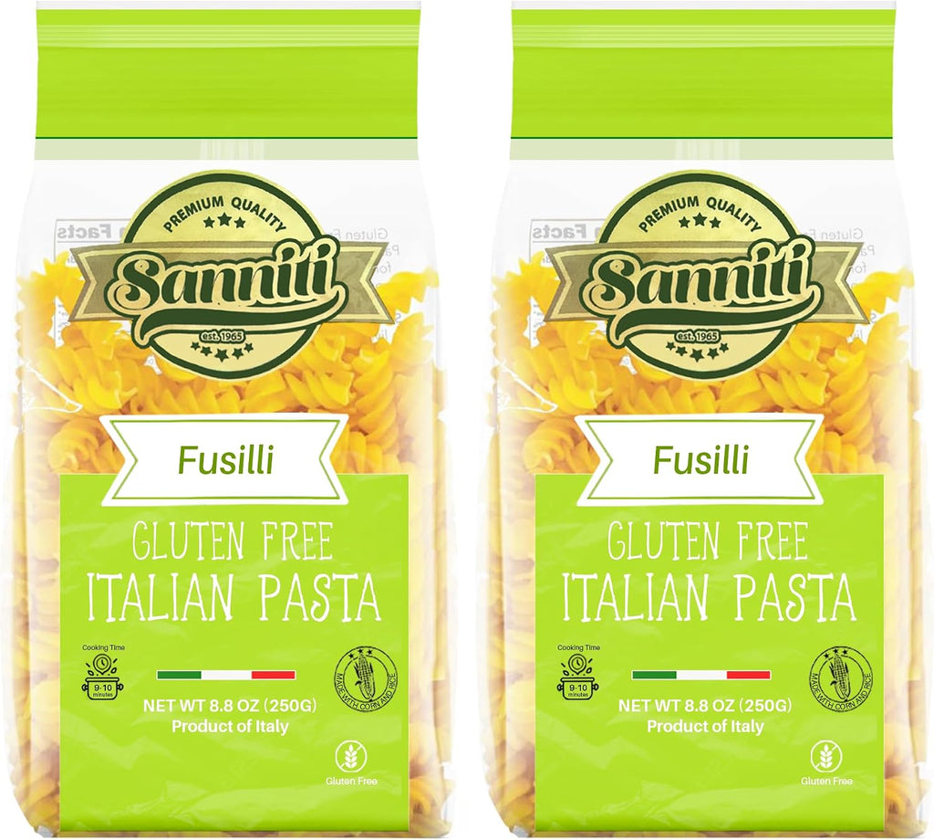Sanniti Italian Gluten Free European-Kosher Vegan GMO-Free Pasta Made with Corn and Rice imported from Italy, 8.8 oz (Pack of 2) (Fusilli)