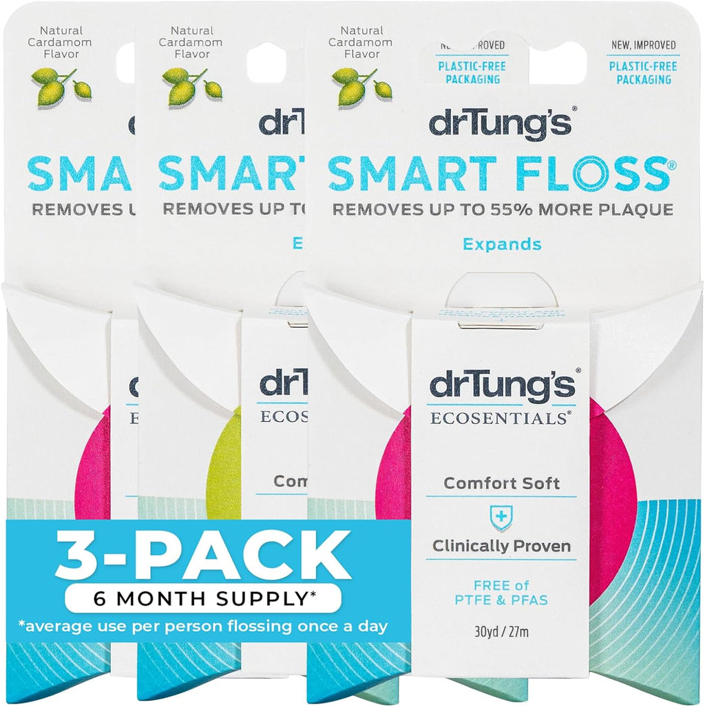 DrTung's Smart Floss - Natural Dental Floss, PTFE & PFAS Free, Gentle on Gums, Expands & Stretches, BPA Free - Cardamom Flavor (Pack of 3)
