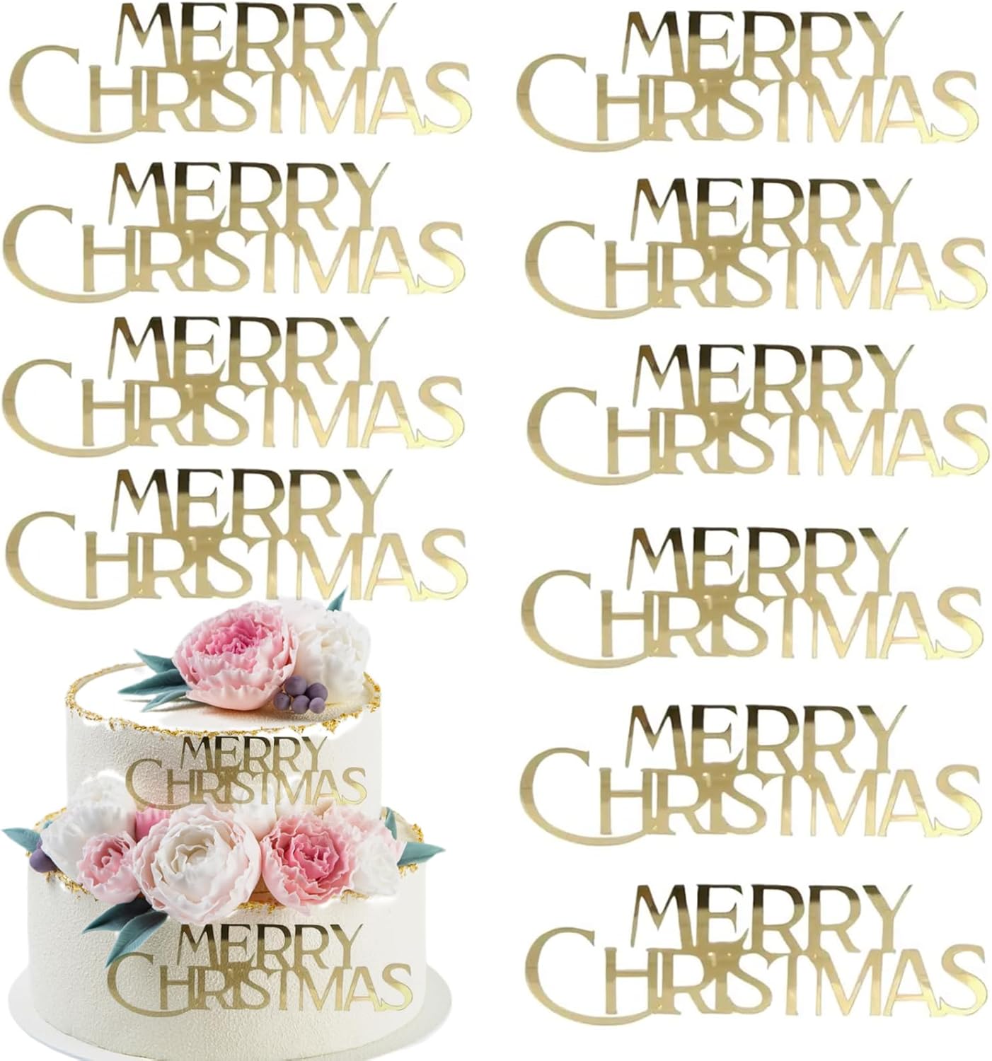 10 Pcs Mirror Gold Merry Christmas Cake Toppers Acrylic Engraved Merry Christmas Cake Topper Decorations for Party Birthday Dessert DIY Decor Supplies