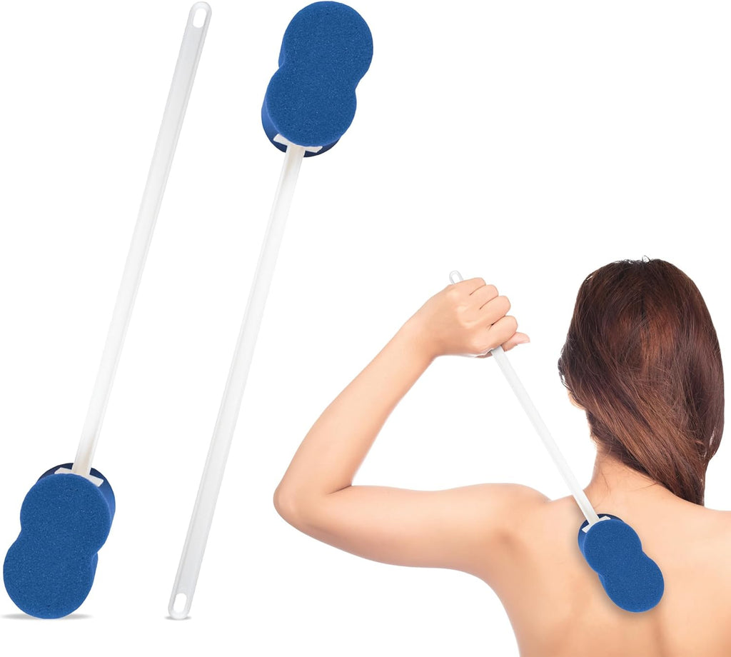 Rehabilitation Advantage Long Handle Bath Sponge – 2-Pack | 18" Extra Long Handle with Soft Blue Hourglass Sponge (4.5" x 2") | Personal Hygiene & Mobility Aid for Seniors, Disabled, Limited Reach