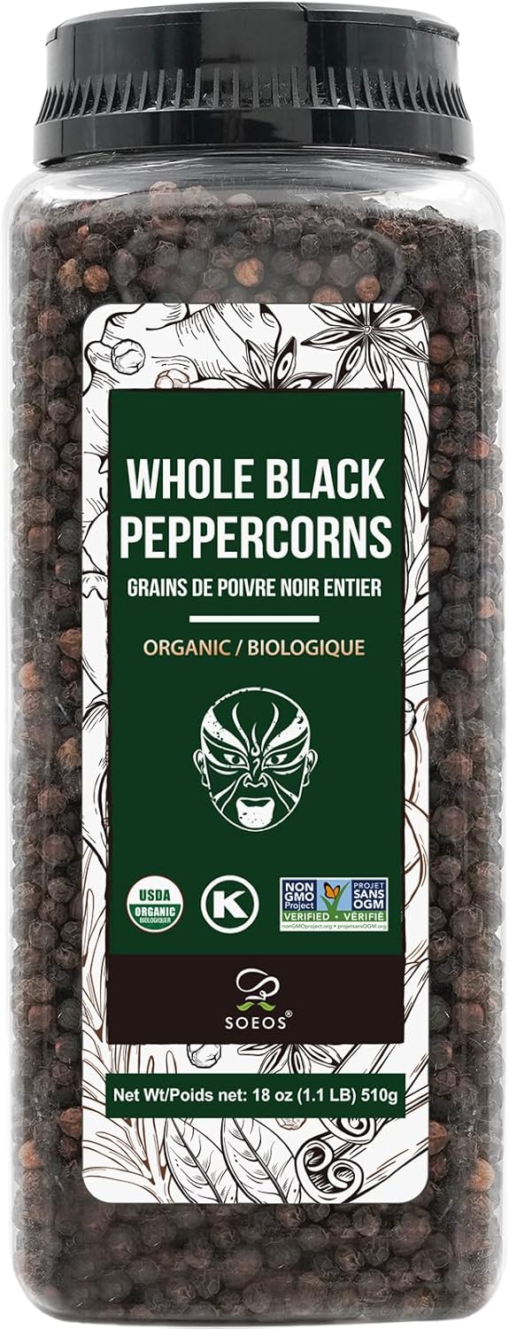 Soeos Organic Black Peppercorns, 18oz (Pack of 1), Non-GMO, Kosher, Packed to Keep Peppers Fresh, Peppercorn for Grinder Refill, Whole Peppercorns