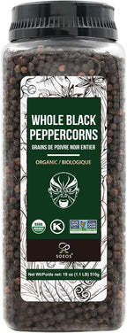 Soeos Organic Black Peppercorns, 18oz (Pack of 1), Non-GMO, Kosher, Packed to Keep Peppers Fresh, Peppercorn for Grinder Refill, Whole Peppercorns