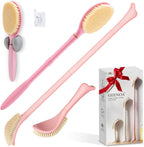 Foot Brush & Back Scrubber Set, 27.5'' Adjustable Foot Scrubber for Shower, 18.9'' Shower Back Scrubber with 3-Length Usage, Great Aid for People with Limited Mobility(Pink Set)
