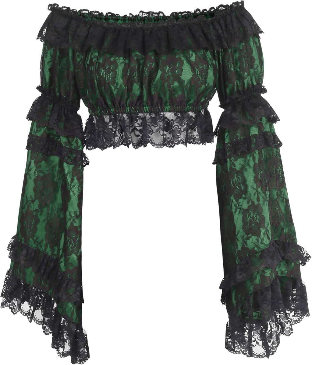 Daisy corsets Women's Green/Black Lace Smocked Flare Sleeve Peasant Top Blouse Fashion Off the Shoulder