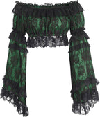 Daisy corsets Women's Green/Black Lace Smocked Flare Sleeve Peasant Top Blouse Fashion Off the Shoulder