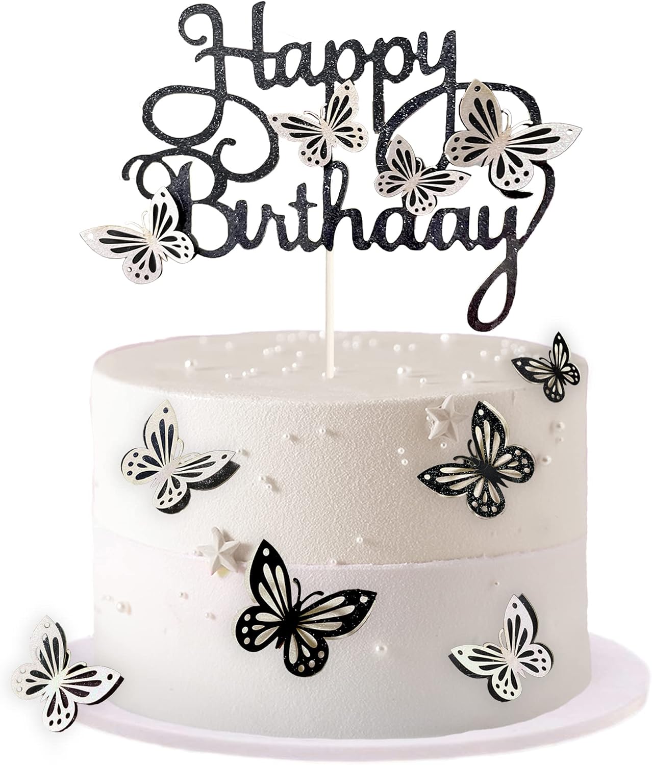13-Piece Butterfly Cake Toppers - 3D Butterfly Cupcake Toppers for Girls & Women's Birthdays (Black & White)