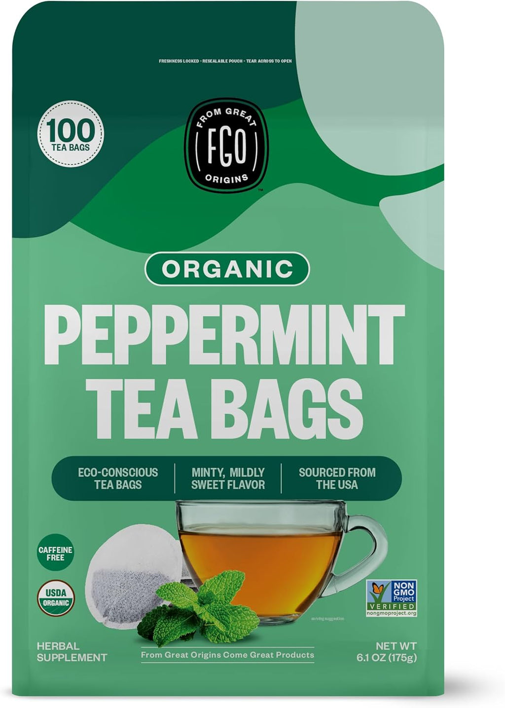 FGO Organic Peppermint Tea, 100 Count, Eco-Conscious Tea Bags, Caffeine Free, Packaging May Vary (Pack of 1)