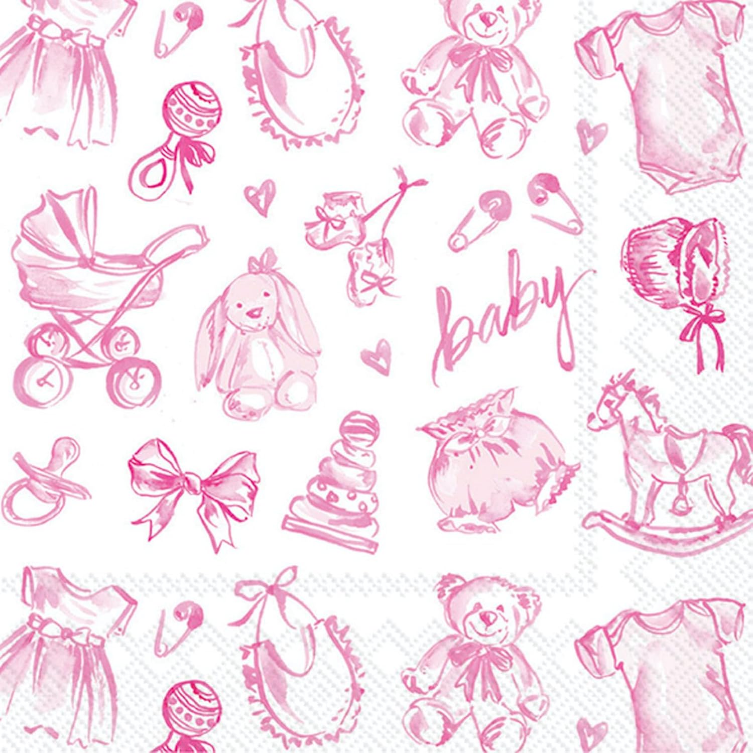 IHR Ideal Home Range Cocktail Napkins Rosanne Beck Disposable 3-Ply Paper Party Napkin Pack, 5" x 5", Baby Toile (Pink), 20-Count