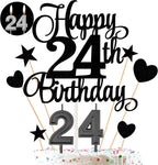 24th Birthday Cake Decorations Set Include 24th Birthday Candles Numeral 24 Cake Candles and Happy 24th Birthday Cake Toppers with Heart Star Cupcake Picks for Birthday Party (Black Serise)