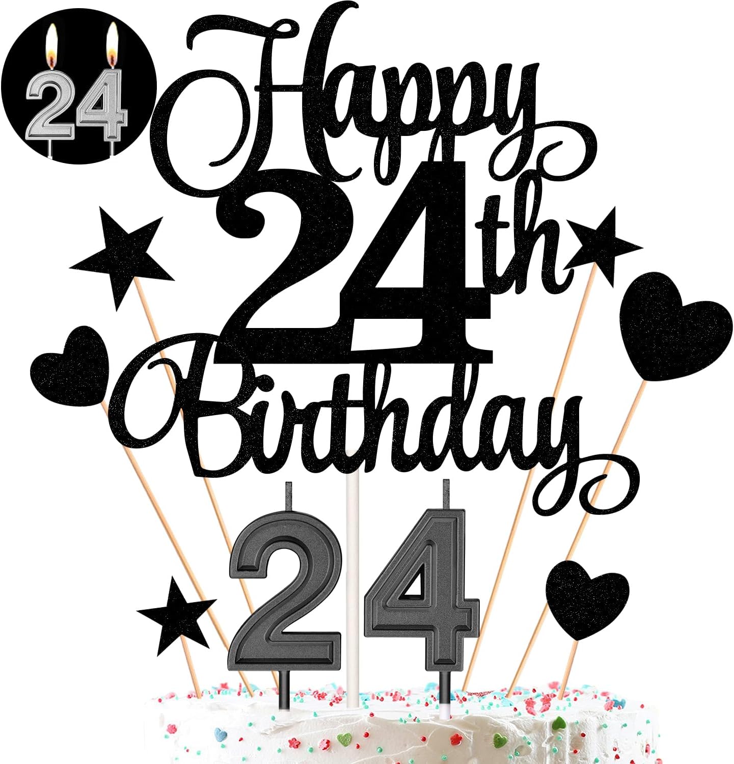 24th Birthday Cake Decorations Set Include 24th Birthday Candles Numeral 24 Cake Candles and Happy 24th Birthday Cake Toppers with Heart Star Cupcake Picks for Birthday Party (Black Serise)