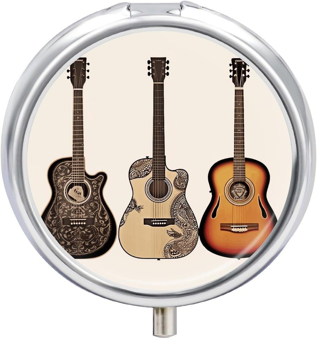Guitar Pill Box with 3 Compartments Round Portable Pill Organizer Compact Small Pill Case for Pocket Purse Mini Metal Pill Container Cute Vitamin Holder for Pills Supplements