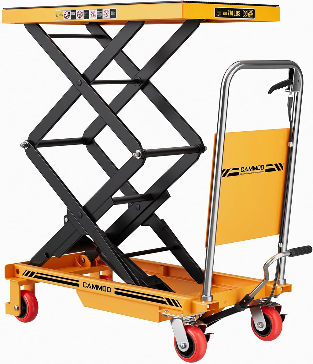 Hydraulic Double Scissor Lift Table, 770lbs Capacity 59" Lifting Height, Hydraulic Lift Table Cart with Non-Slip Pad & Safety Guard for Material Handling & Transportation, Yellow
