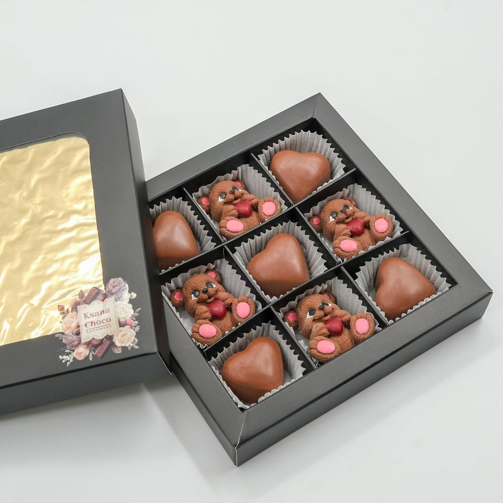 Ksana Handmade Belgian Chocolate Gift Box – 9 pcs Bear & Heart Shapes – Fibella Hazelnut Filling – Premium Artisan Milk Chocolates – Ready Gift Box – Perfect for Anniversary, Birthday & Valentine’s Day