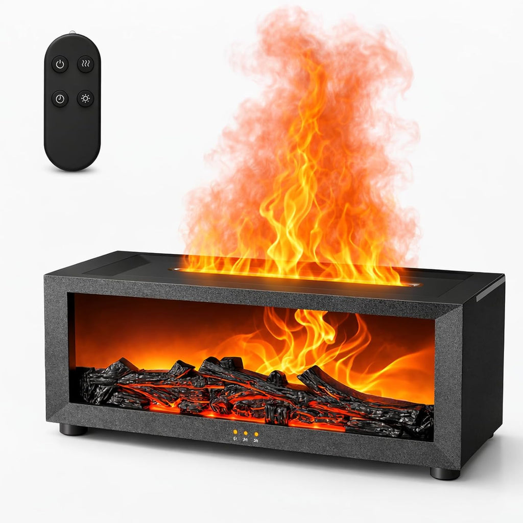 Fireplace Humidifier & Essential Oil Diffuser with Remote Control, 150ml Ultrasonic Aroma Diffuser, Realistic Flame Effect, 7-Color LED Night Light, Timer & Auto Shut-Off, for Bedroom/Home (Black)