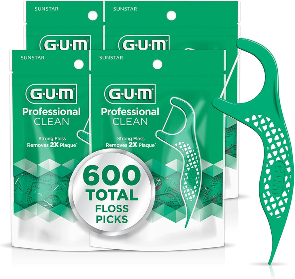 GUM Professional Clean Dental Floss Picks, Extra-Strong Shred-Resistant Floss with Easy-Grip Handle, Fresh Mint Flavor, 150 Count (Pack of 4) 600 Total