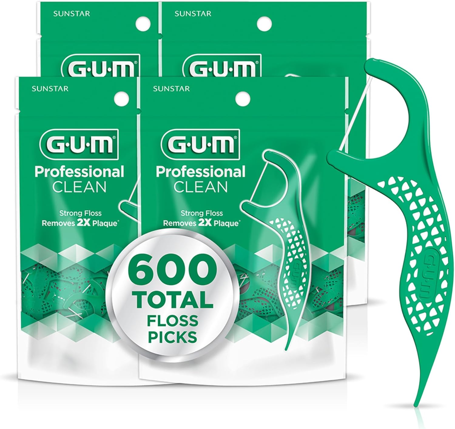 GUM Professional Clean Dental Floss Picks, Extra-Strong Shred-Resistant Floss with Easy-Grip Handle, Fresh Mint Flavor, 150 Count (Pack of 4) 600 Total