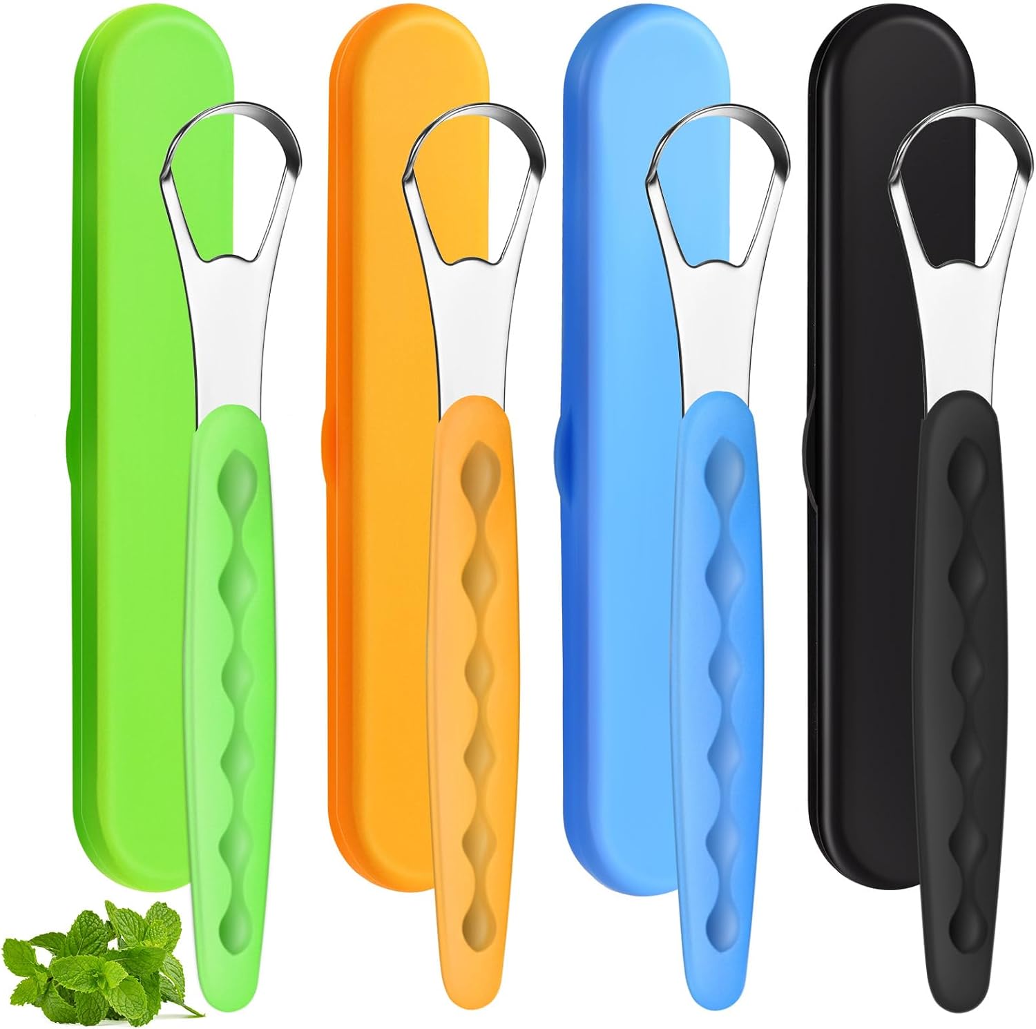 4 Pcs Tongue Scraper Cleaner Adults and Kids Stainless Steel Tongue Brush Metal Tongue Scraper Reduce Bad Breath with Travel Cases for Men Women Oral Mouth, Orange, Black, Green and Blue