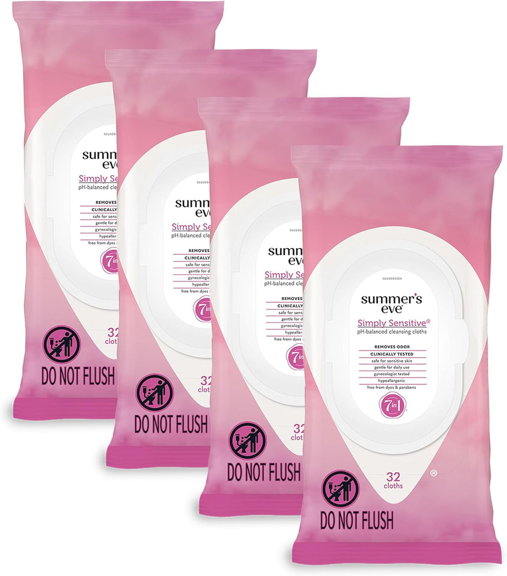 Summer's Eve Simply Sensitive Feminine Wipes, Gentle pH-Balanced Micellar Water Based Formula Helps Control Vaginal Odor, Resealable Pack, 32 Wipes, Pack of 4