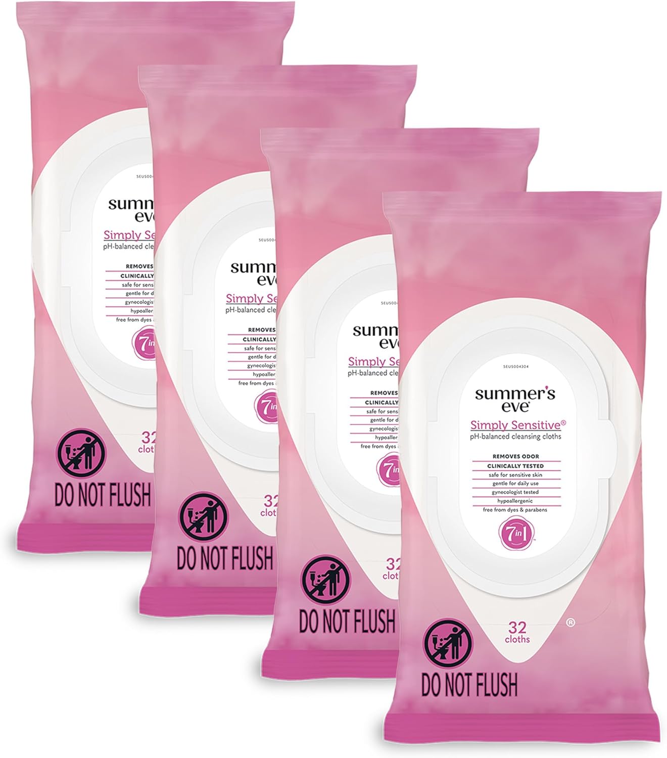 Summer's Eve Simply Sensitive Feminine Wipes, Gentle pH-Balanced Micellar Water Based Formula Helps Control Vaginal Odor, Resealable Pack, 32 Wipes, Pack of 4