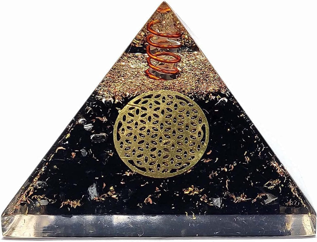 Black Tourmaline Orgone Crystal Pyramid with Flower of Life Symbol For Reiki Healing, Chakra Balancing, Aura Cleansing, Energy Generator, Yoga Meditation Size: 60-70 MM