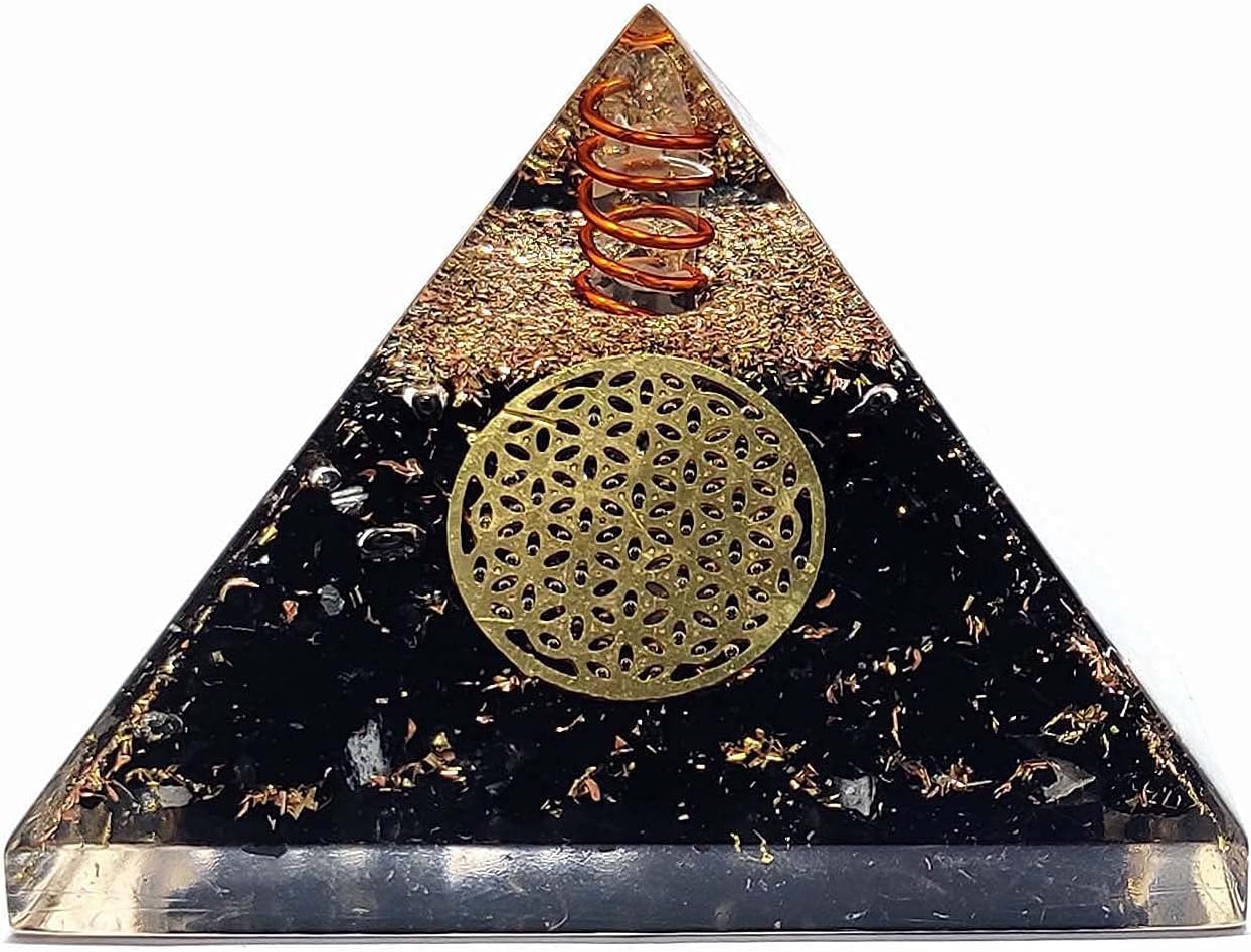 Black Tourmaline Orgone Crystal Pyramid with Flower of Life Symbol For Reiki Healing, Chakra Balancing, Aura Cleansing, Energy Generator, Yoga Meditation Size: 60-70 MM