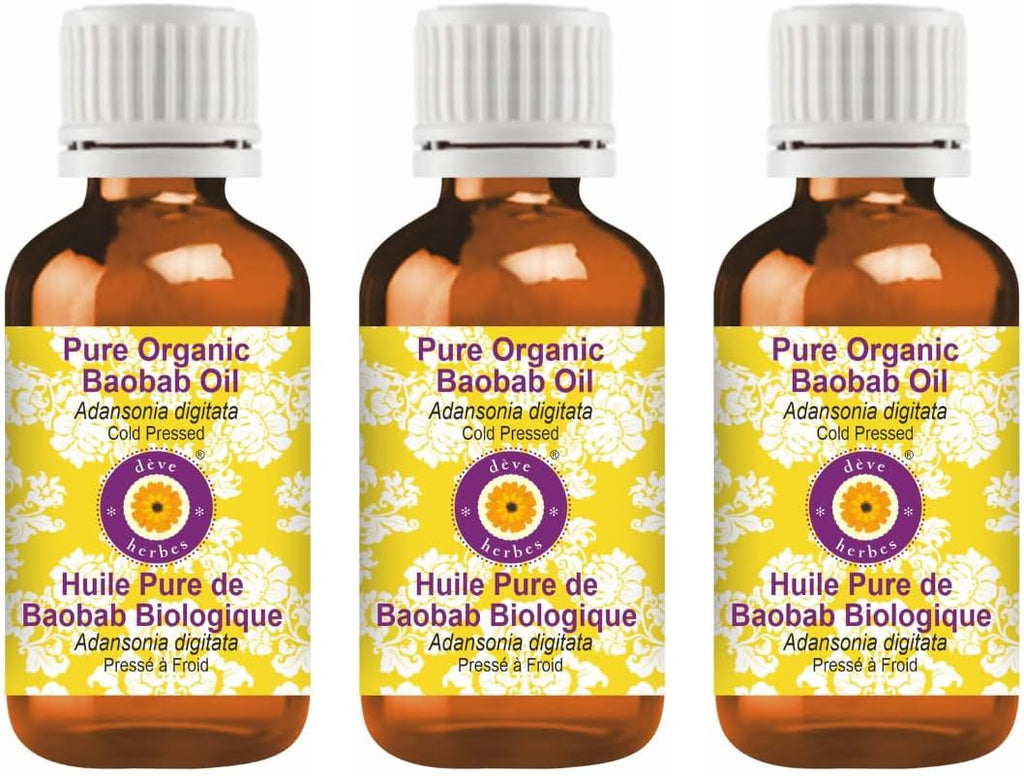 Deve Herbes Pure Organic Baobab Oil (Adansonia digitata) Cold Pressed (Pack of Three) 100ml X 3 (10 oz)