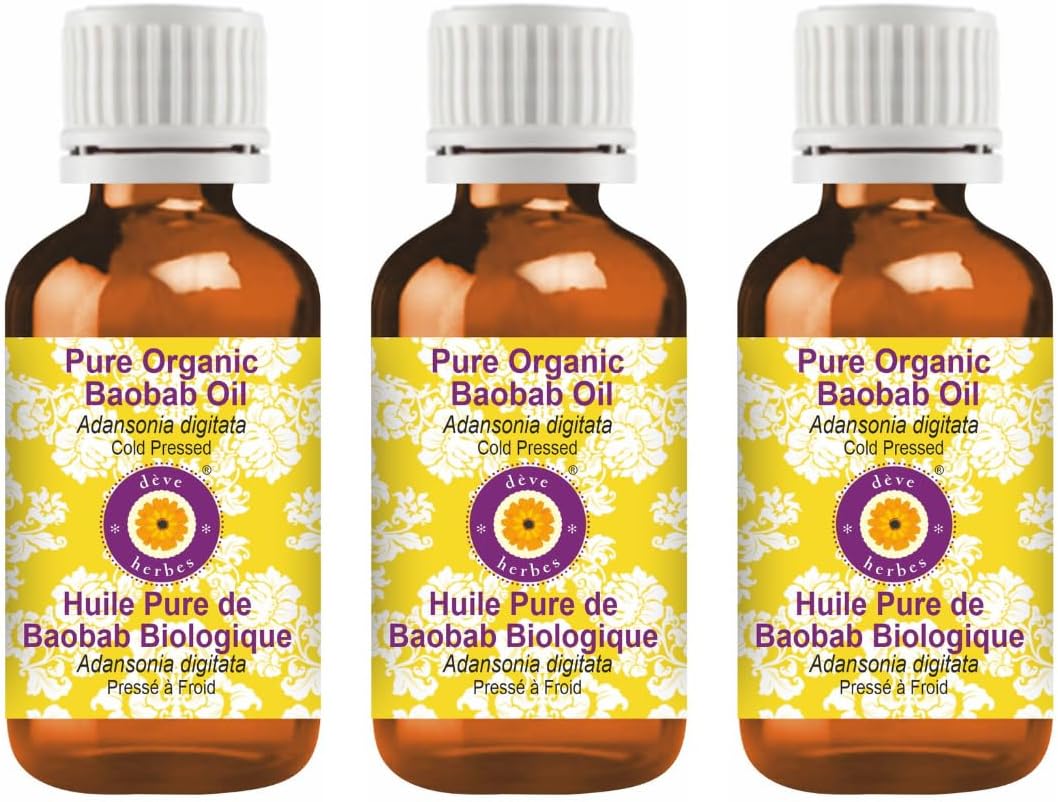 Deve Herbes Pure Organic Baobab Oil (Adansonia digitata) Cold Pressed (Pack of Three) 100ml X 3 (10 oz)