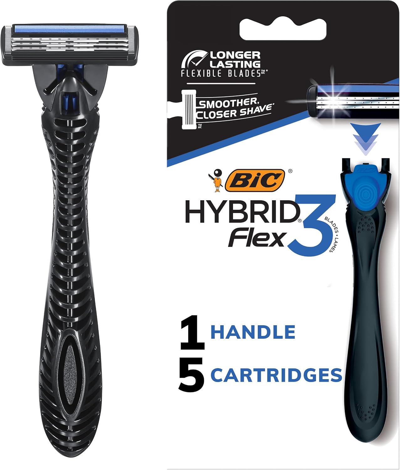 BIC Flex 3 Hybrid Disposable Razors for Men, Long-lasting 3-Blade Razors With Slim Head for Precision Shaving, 1 Handle and 5 Cartridges, 6 Piece Shaving Kit
