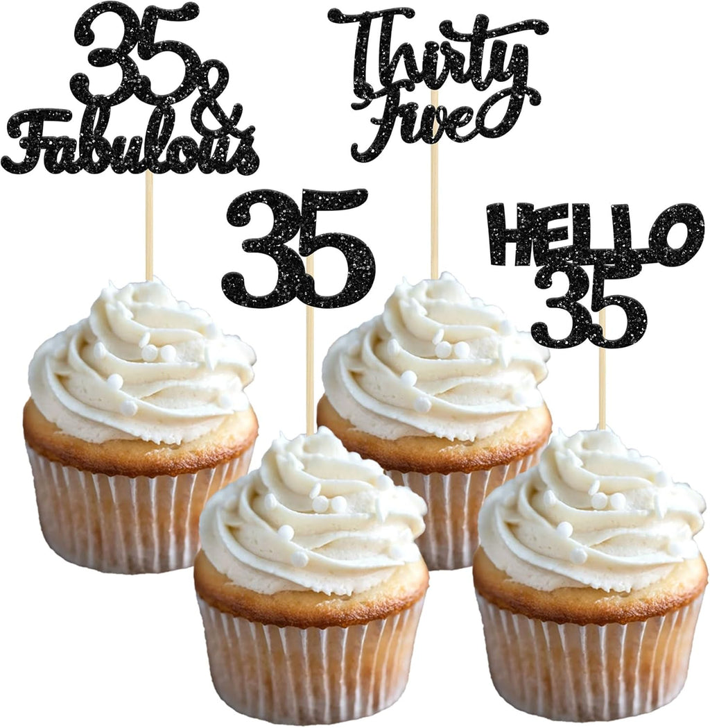 Gyufise 24Pcs Black Glitter 35th Birthday Cupcake Toppers Hello 35 Cake Toppers Thirty Five 35 & fabulous Cupcake Picks for 35th Birthday Wedding Anniversary Cake Decorations Supplies