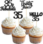 Gyufise 24Pcs Black Glitter 35th Birthday Cupcake Toppers Hello 35 Cake Toppers Thirty Five 35 & fabulous Cupcake Picks for 35th Birthday Wedding Anniversary Cake Decorations Supplies