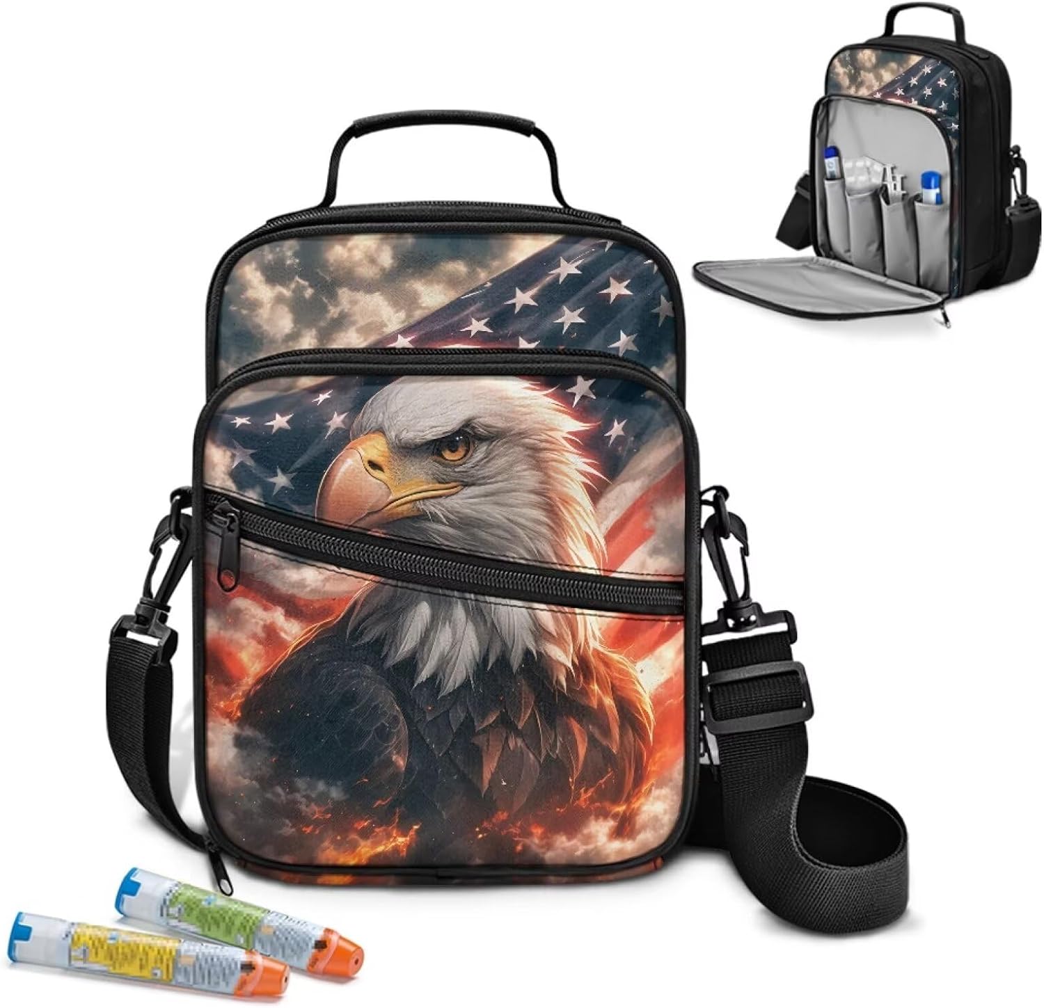 Insulated Diabetes Organizer, American Flag Eagle Print Diabetes Supply Bag, Diabetic Supplies Travel Case, Insulin Pen Case with Adjustable Shoulder Strap