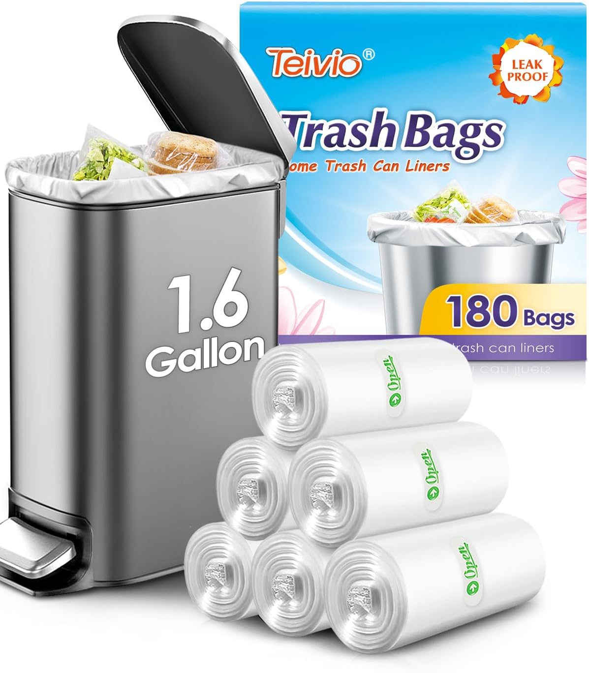 Teivio 1.6 Gallon 180 Counts fit 5-6 liter 1.5 gallon Small Trash Bags Garbage Bags, Bathroom Trash Can Bin Liners, Small Plastic Bags for home office kitchen, Clear