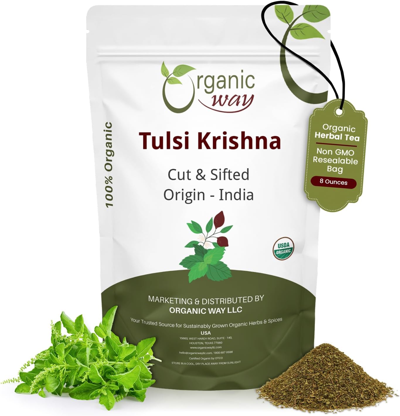 Organic Way Premium Grade Tulsi/Holy Basil (Krishna) Cut & Sifted (Ocimum tenuiflorum) - Herbal Tea | USDA & Kosher Certified | Raw, Vegan, Non GMO & Gluten Free | Origin - India (1/2LBS / 8Oz)