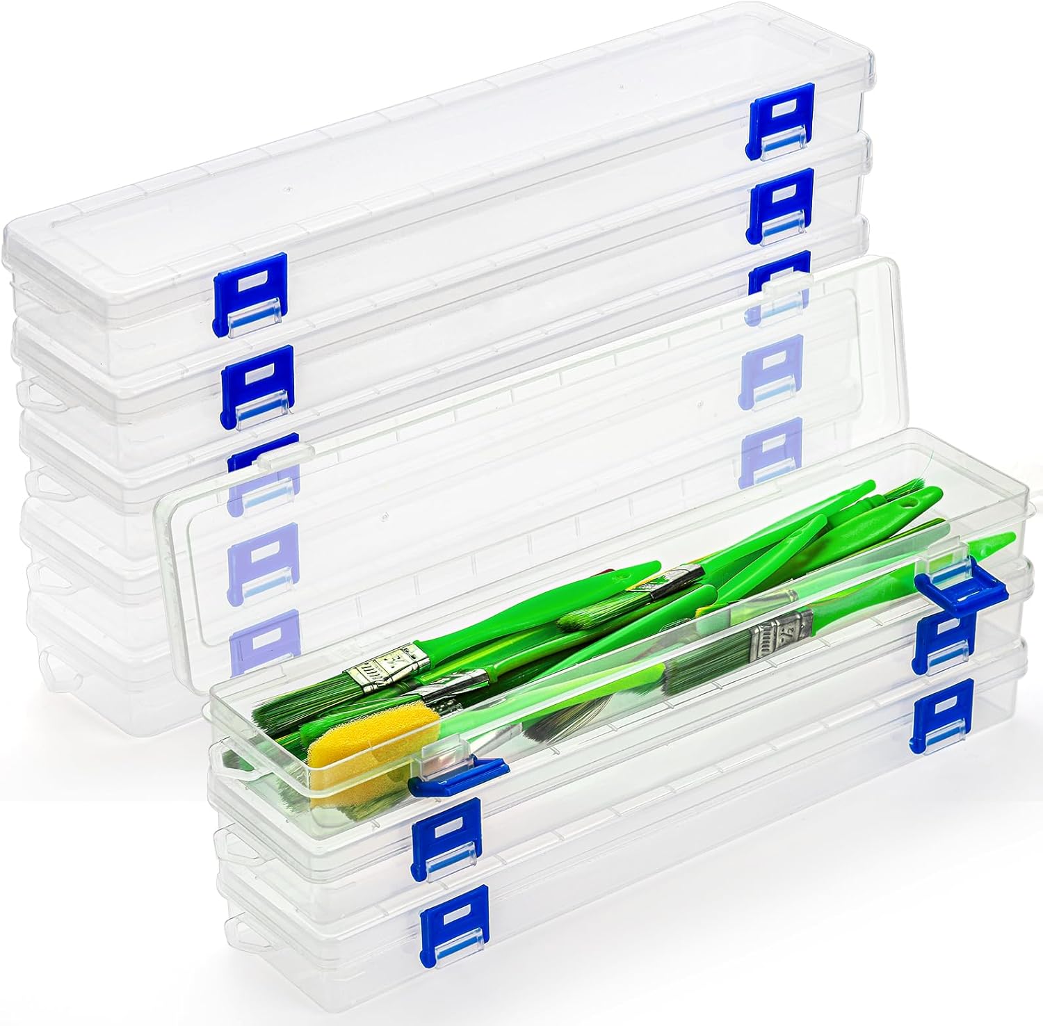 8 Pack Plastic Paint Brush Holder, 13" Long Translucent Watercolor Pens Pencils Case with Buckle Design, Paintbrush Drawing Tools Storage Box Container with Hinged Lid for Artist Art Craft