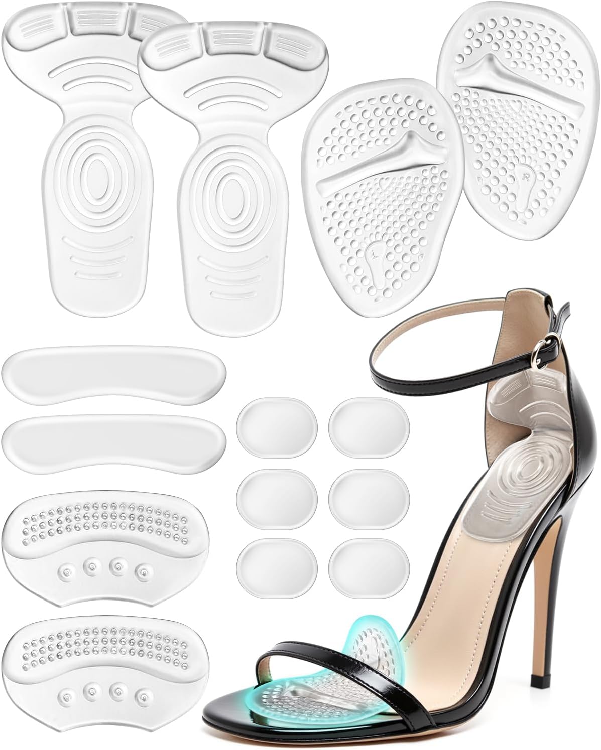 10PCS High Heel Inserts for Women, Silicone Ball of Foot Cushions Heel Grips Liner Metatarsal Pads for Women Shoes Too Big, Anti Slip Heel Pads, Foot Pain Relief and Comfort