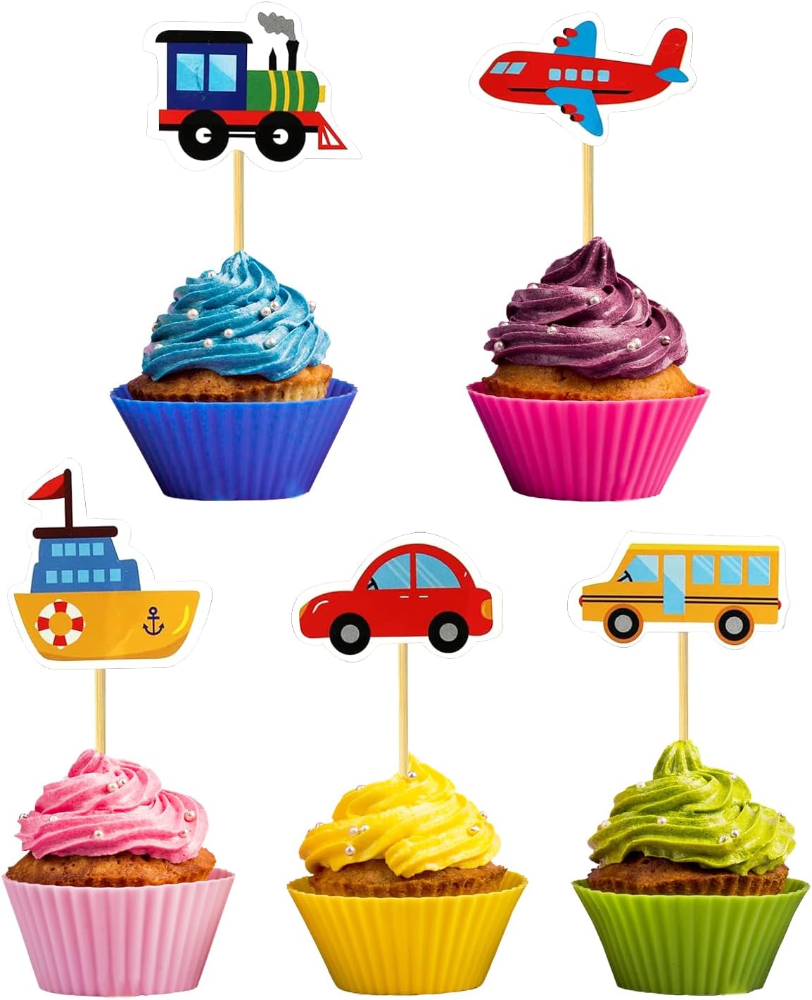 Transportation Cupcake Toppers Transport Themed Cupcake Decoration Supplies for Traffic Vehicles Airplane Ship Train Car Bus Cupcake for Baby Shower Birthday Party Cake Decoration 30 PCS