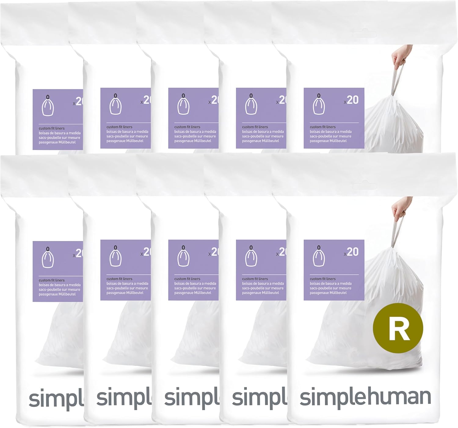 simplehuman Code R 200 Count, Dispenser Pack Custom Fit Liners, Drawstring Trash Bags, 10 Liter / 2.6 Gallon, White