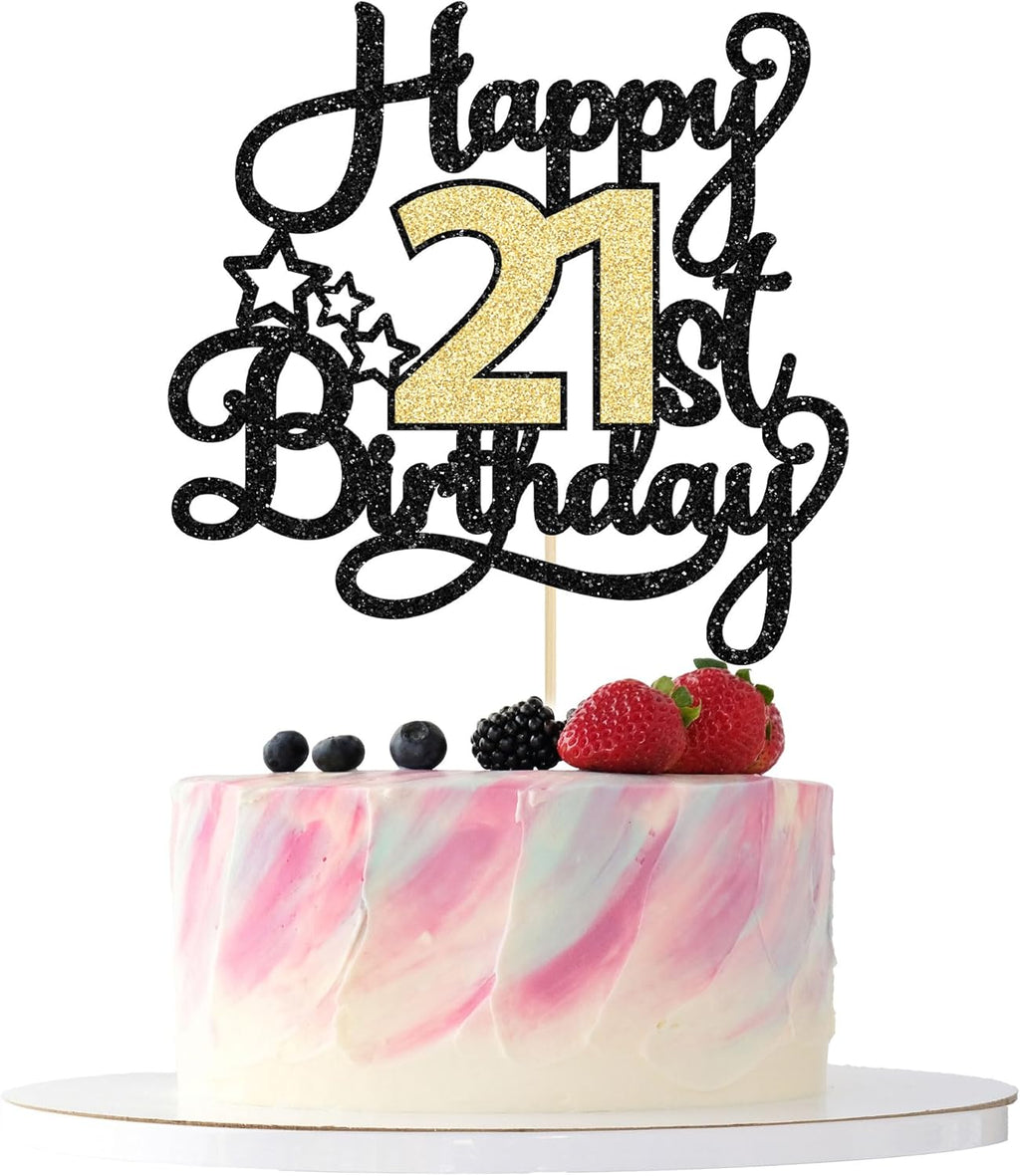 1Pc Happy 21st Birthday Cake Topper Black Gold Glitter Cheers to 21 Years Birthday Cake Pick 21st Cake Decoration for Anniversary Party Supplies