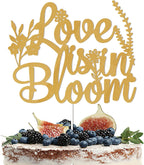 Love is in Bloom Cake Topper - Floral Bridal Shower Decor, Wildflower Themed Bridal Shower Engagement Wedding Party Decorations Gold Glitter