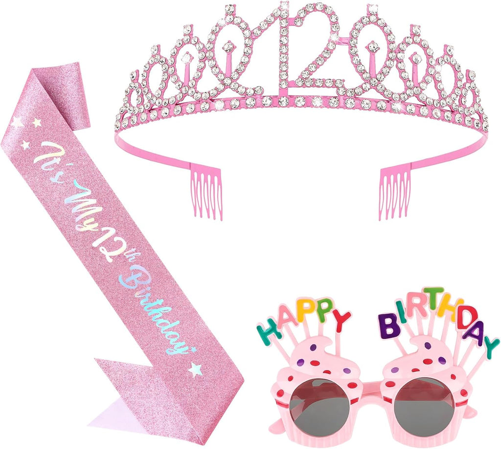 YARIEW 12th Birthday Decorations, 12th Glitter Sash and Crown Kit with Happy Birthday Sunglasses, Tiara Princess Crown and Sash Party Outfit Accessory