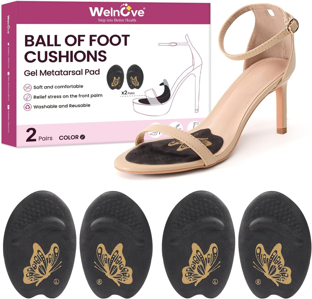 Ball of Foot Cushion Metatarsal Pads - Welnove Non Slip Gel Heel Pads - Heel Cushions to Prevent Toe Sliding, All Day Comfort Shoe Insert Pads for High Heels, Sandals, Wedding, Party (2 Pairs Black)