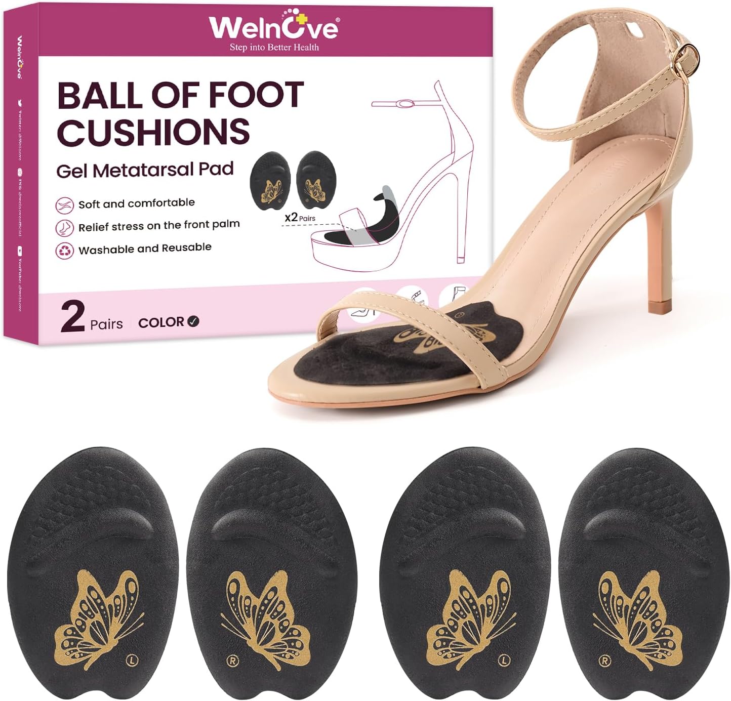 Ball of Foot Cushion Metatarsal Pads - Welnove Non Slip Gel Heel Pads - Heel Cushions to Prevent Toe Sliding, All Day Comfort Shoe Insert Pads for High Heels, Sandals, Wedding, Party (2 Pairs Black)