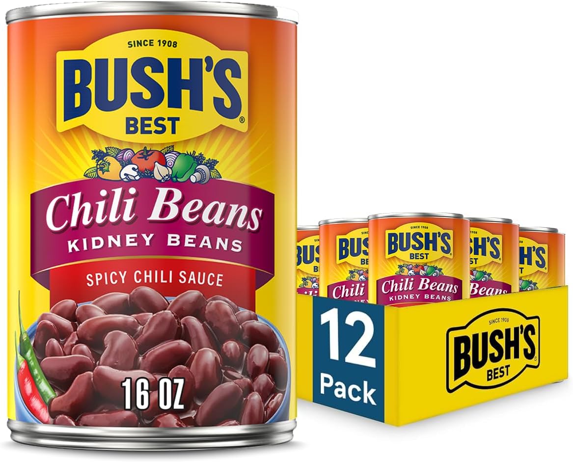 BUSH'S BEST 16 oz Canned Spicy Dark Red Chili Beans, Source of Plant Based Protein and Fiber, (Pack of 12)