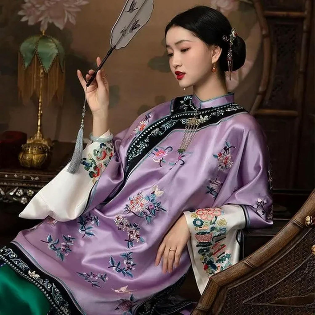 Qing Dynasty Purple Flower Printed Long Sleeve Cheongsam Top Chinese Traditional Ancient Loose Qipao Vestidos Mujer