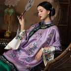 Qing Dynasty Purple Flower Printed Long Sleeve Cheongsam Top Chinese Traditional Ancient Loose Qipao Vestidos Mujer