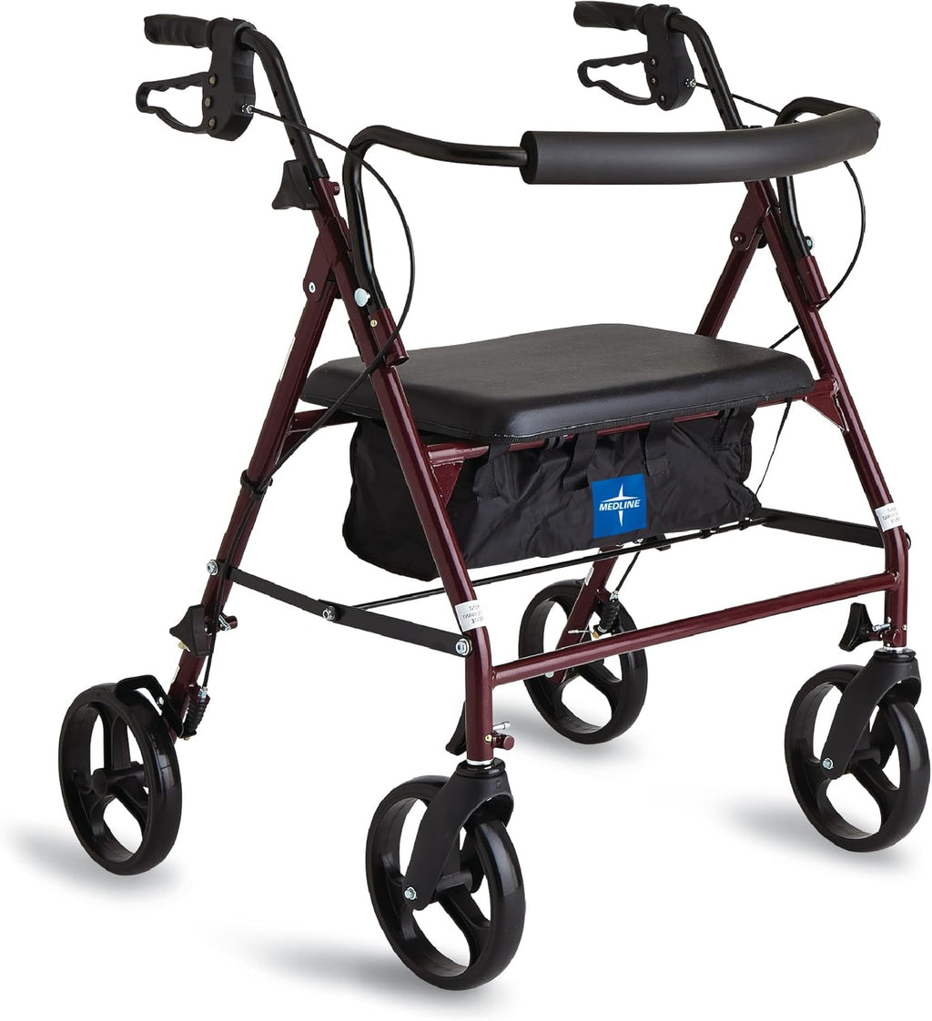 Medline Large Steel Bariatric Rollator Walker with Adjustable Handles, Padded Seat & Backrest, Burgundy, 500 lb. Weight Capacity, Foldable with Storage, 8" Wheels, Rolling Walker For Seniors & Adults