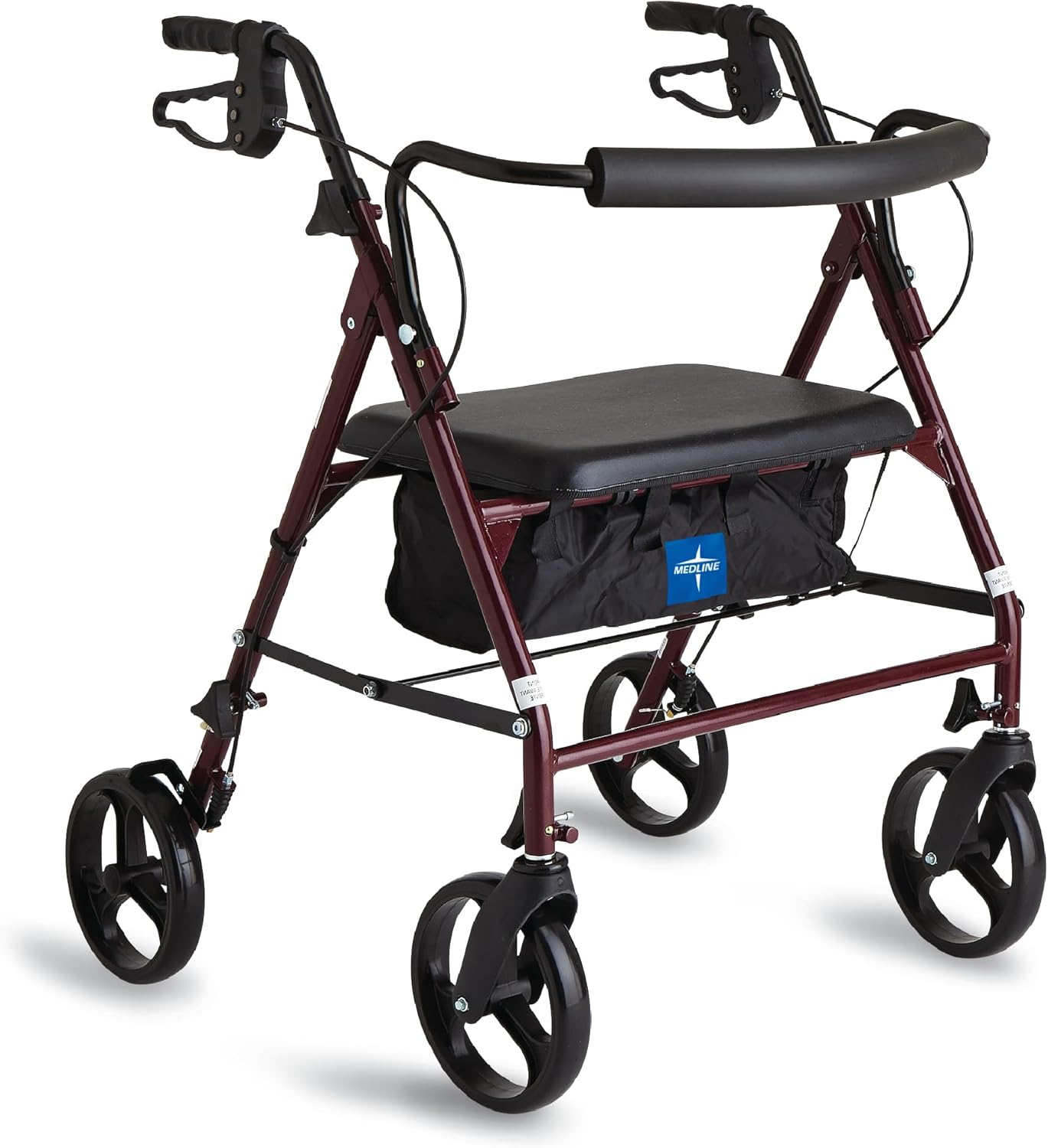 Medline Large Steel Bariatric Rollator Walker with Adjustable Handles, Padded Seat & Backrest, Burgundy, 500 lb. Weight Capacity, Foldable with Storage, 8" Wheels, Rolling Walker For Seniors & Adults