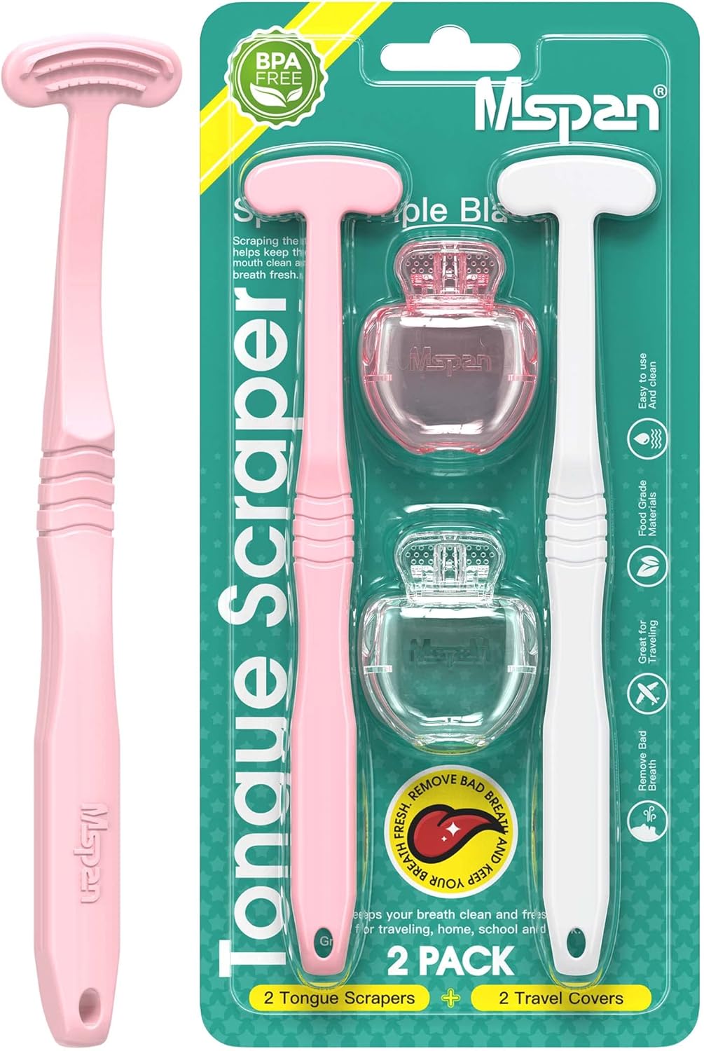 Mspan Tongue Scraper Cleaner Brush: Tongue Care Cleaning Scrubber with Plastic Travel Case Cover for Adults kids - Clean Oral Bad Breath Pink White 2 Pack